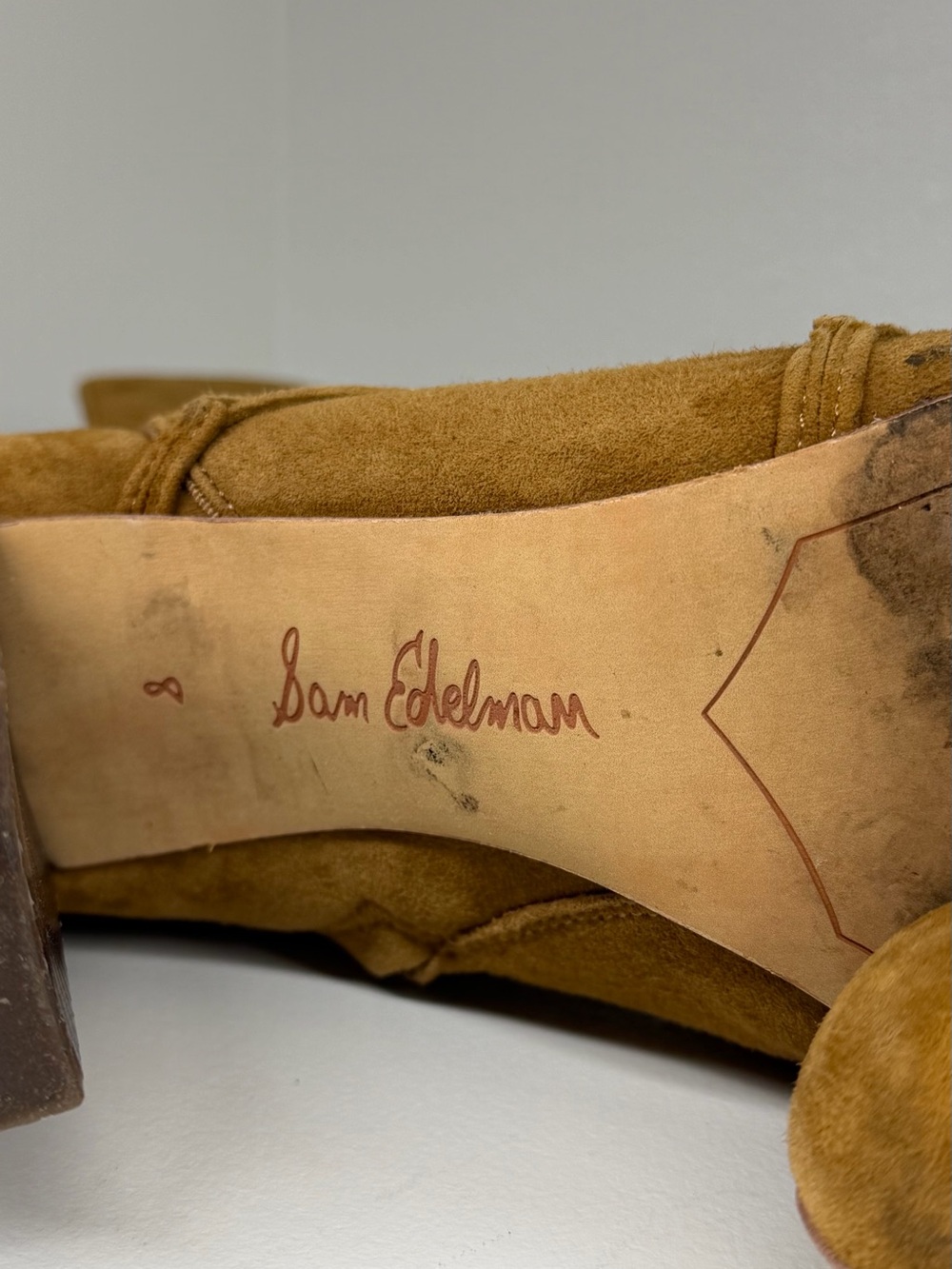 Sam Edelman Mustard Suede Embroidered Lace-Up Ankle Booties - Picture 3 of 7